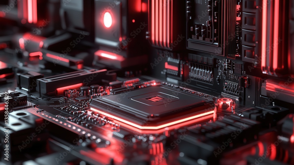 Poster cpu chip surrounded by other high-performance components in a custom-built pc