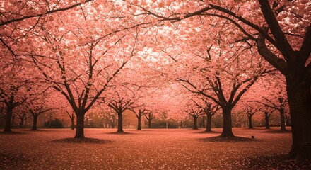 Fototapeta premium Cherry Blossom Trees Blooming in Park During Springtime Peaceful Landscape