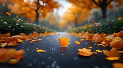Autumn leaves fall on path, park background, nature scene, seasonal wallpaper