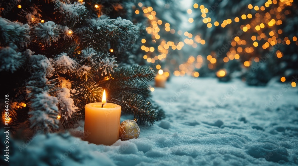 Aufkleber lit candle in snow near decorated christmas tree with bokeh lights.