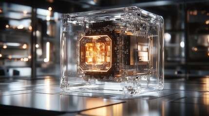 CPU encased in transparent glass, with light beams highlighting its microstructure.