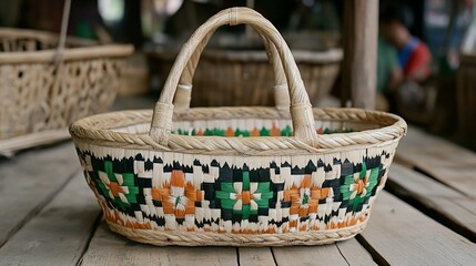 Handwoven oval basket with colorful geometric pattern, wooden handle, on rustic wooden surface.