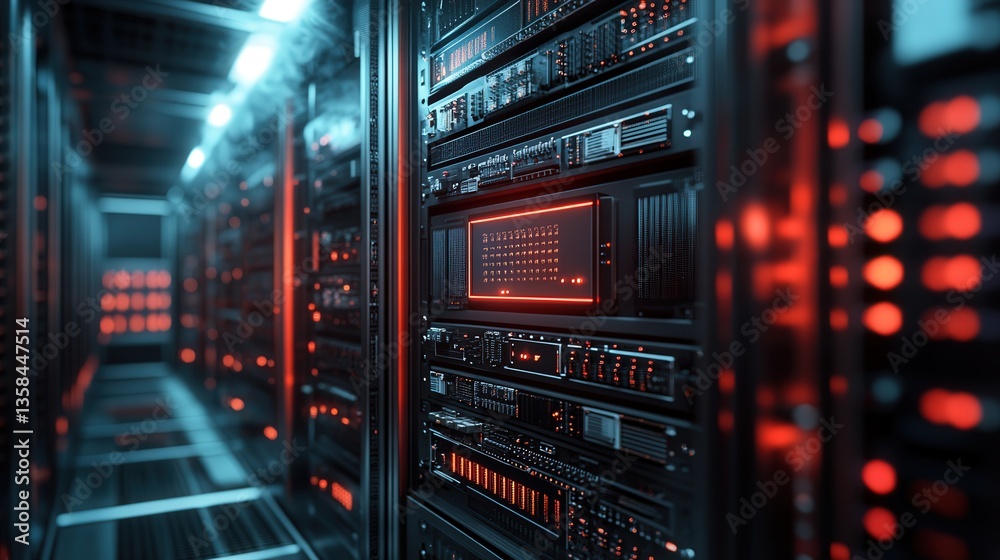 Poster cpu integrated into a high-performance server rack in a data center.