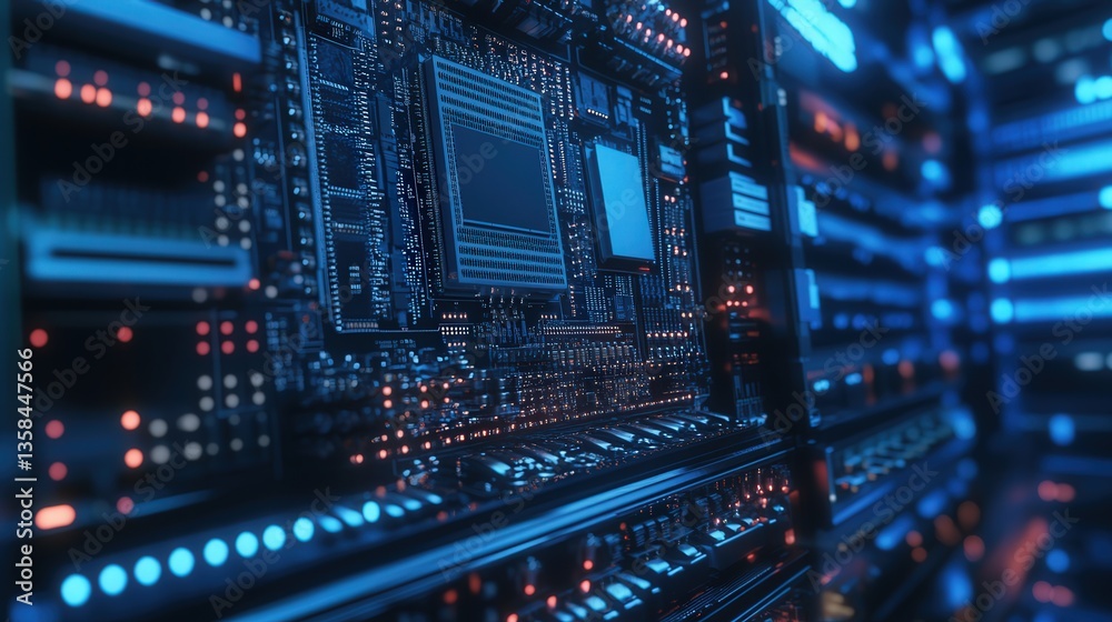 Poster cpu integrated into a high-performance server rack in a data center.