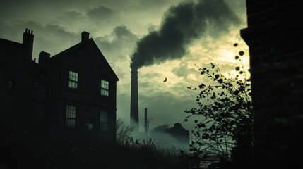 factory chimney silhouetted against a cloudy sky, with the smoke trailing off into the distance, creating an atmospheric industrial scene.
