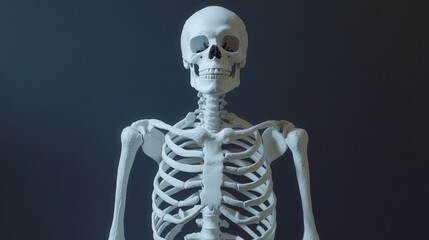 skeleton figure on a rotating stand, showcasing the rib cage and pelvis in sharp detail.