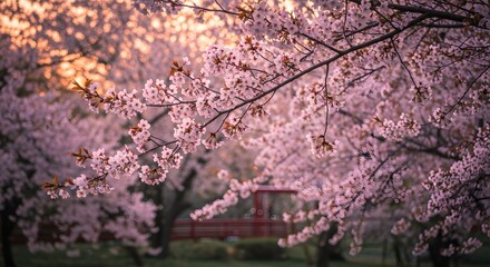 Captivating Cherry Blossom Tree Branches with Sunset Glow in Soft Focus