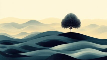 Lone tree on hilltop, misty sunrise, rolling hills, peaceful landscape, nature background