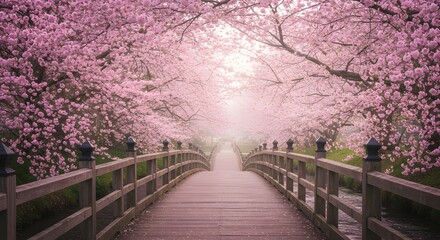 Cherry Blossom Bridge in Springtime with Pink Petals and Foggy Atmosphere