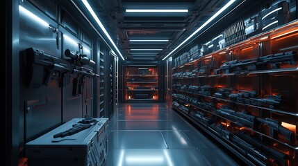 rifle stored inside a high-tech armory with sleek, glowing racks of weaponry