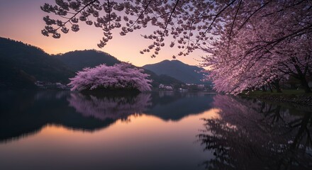 Capture Serene Cherry Blossom Reflections in a Calm Lake at Sunset
