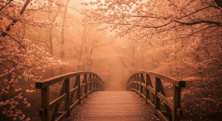 Wooden Bridge Leads Into a Dreamy, Fog Filled Forest of Blossoming Trees