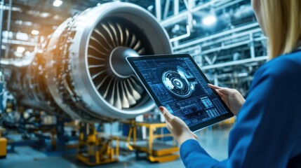 Engineer inspecting jet engine with digital tablet