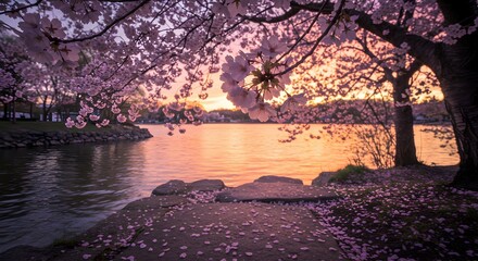 Cherry Blossom Trees Surrounding Calm Water at Sunset in Spring