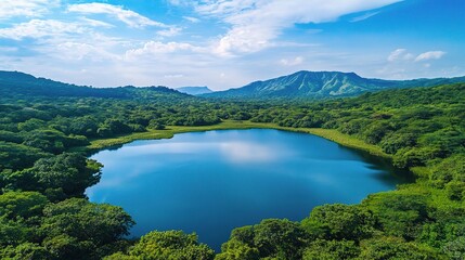 Serene Aerial View of a Tranquil Lake Surrounded by Lush Greenery