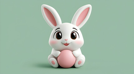 Fototapeta premium Adorable White Easter Bunny Holding Pink Egg on Green Background