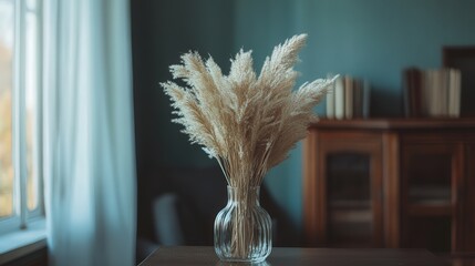 glass vase filled with delicate dried pampas grass, standing tall on a stylish table, evoking a sense of calm and tranquility