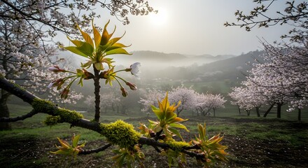 Spring Blossoms on Lush Green Branches with Misty Valley Landscape and Gentle Sunlight