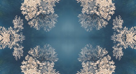 Captivating Symmetrical Trees Reflecting in Tranquil Blue Waters Under a Misty Sky