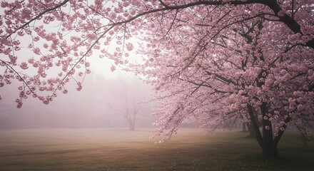 Blooming Cherry Trees in Misty Park Landscape with Pink Petals