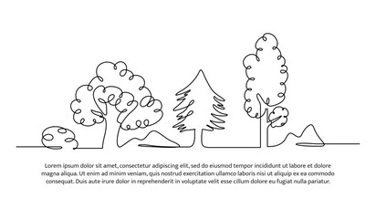 Continuous one line design of trees and mountains. Minimalist style vector illustration on white background.