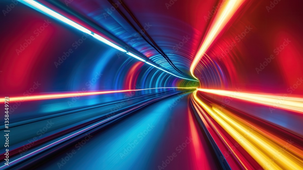 Poster glowing neon tunnel, with colors fading into each other, creating a smooth and continuous flow of ne