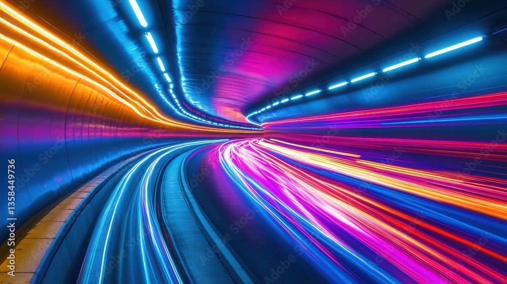 Poster glowing neon tunnel, with colors fading into each other, creating a smooth and continuous flow of ne