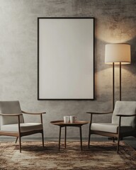 Empty frame mockup in modern living room.