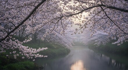 Walking Through Cherry Blossom Trees Along a Tranquil River in Spring