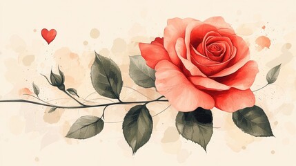 Coral rose branch, beige background, romantic greeting card