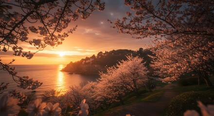 Cherry Blossoms Framing Ocean Sunset Views and Coastal Landscape