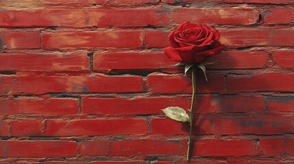 Red rose against red brick wall, urban background, romance concept