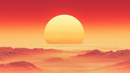Red sun setting over hazy, mountainous landscape; fantasy, artwork