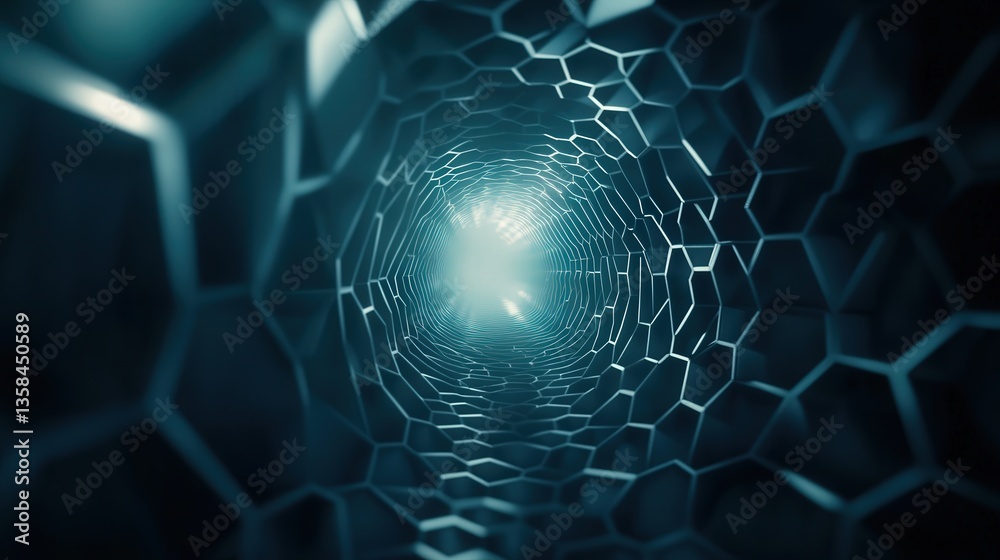 Poster hexagonal tunnel pattern illuminated by soft light, creating an abstract visual of geometric shapes 