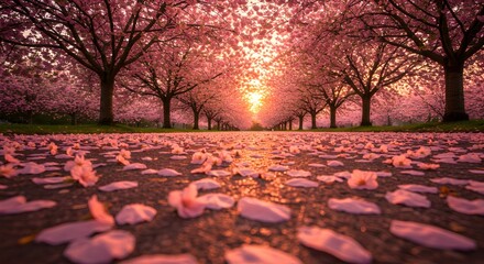 Captivating Cherry Blossom Pathway Lined with Pink Petals Under Sunset Glow
