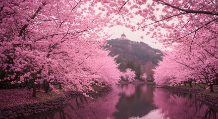 Cherry Blossom Trees Blooming Along River with Building on Distant Hill
