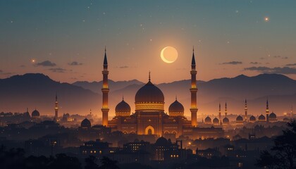 Fototapeta premium blue mosque at sunset background of eid al-fitr greetings