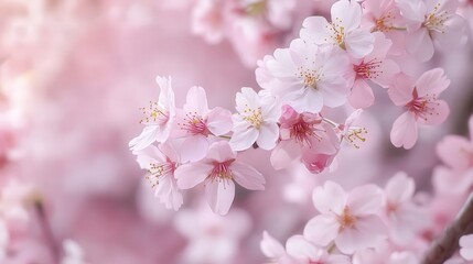 Obraz premium cherry blossom branch covered with light pink flowers, each bloom adding a delicate touch to the beauty of the natural surroundings.