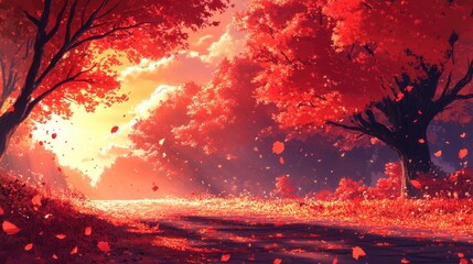 Autumnal path sunset forest fall leaves nature landscape