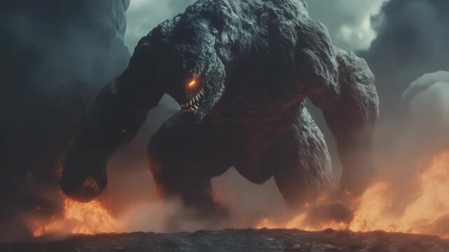 A towering rock golem stands on a plateau of obsidian unleashing a roar that echoes through the smoky air while another massive creature locked in a struggle behind it sends a shower
