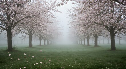 Walking Through Blooming Cherry Trees in Foggy Spring Landscape Scenery