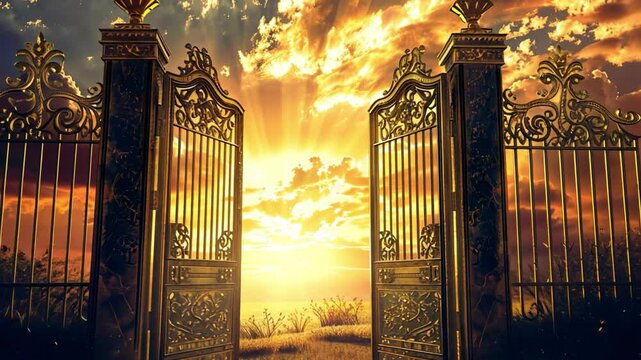 Golden gates open to breathtaking sunset, illuminating sky and clouds with vibrant light, creating serene landscape that evokes tranquility and wonder on horizon.