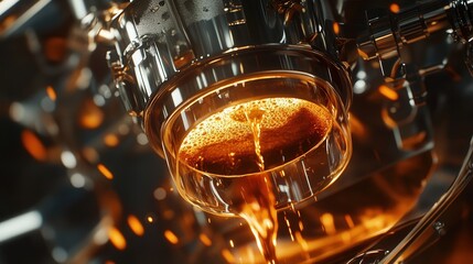 coffee extractor as the espresso flows from the machine, showing the rich crema forming on top of the coffee in exquisite detail.