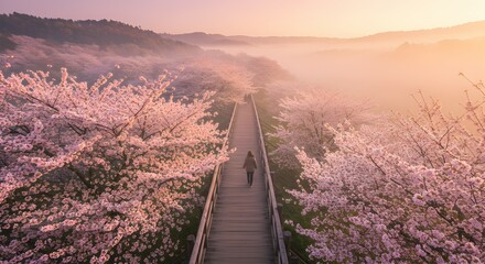 Woman Walking on Wooden Path Surrounded by Cherry Blossoms in Fog