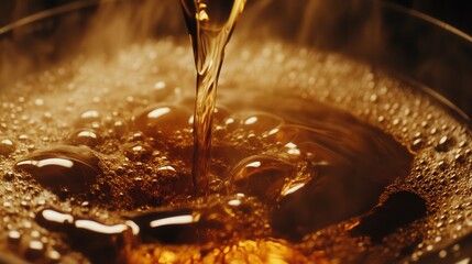 coffee extractor brewing coffee, the stream of dark espresso pouring into a cup while steam escapes from the machine nozzle.