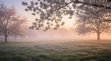 Blooming Cherry Trees in Foggy Meadow at Sunrise Create Serene Spring Landscape