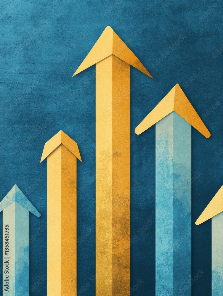 Poster modern business background featuring layered paper cut bar charts and arrows symbolizing growth and 
