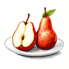 Ripe red pears on a plate on a white background, one sliced;