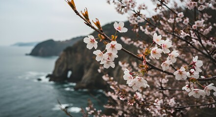 Blooming Cherry Blossom Branch Overlooking Calm Ocean at Dusk