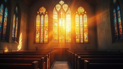 Fototapeta premium stained glass window in a Christian church, bathed in the warm glow of morning sunlight, with intricate patterns and religious imagery.